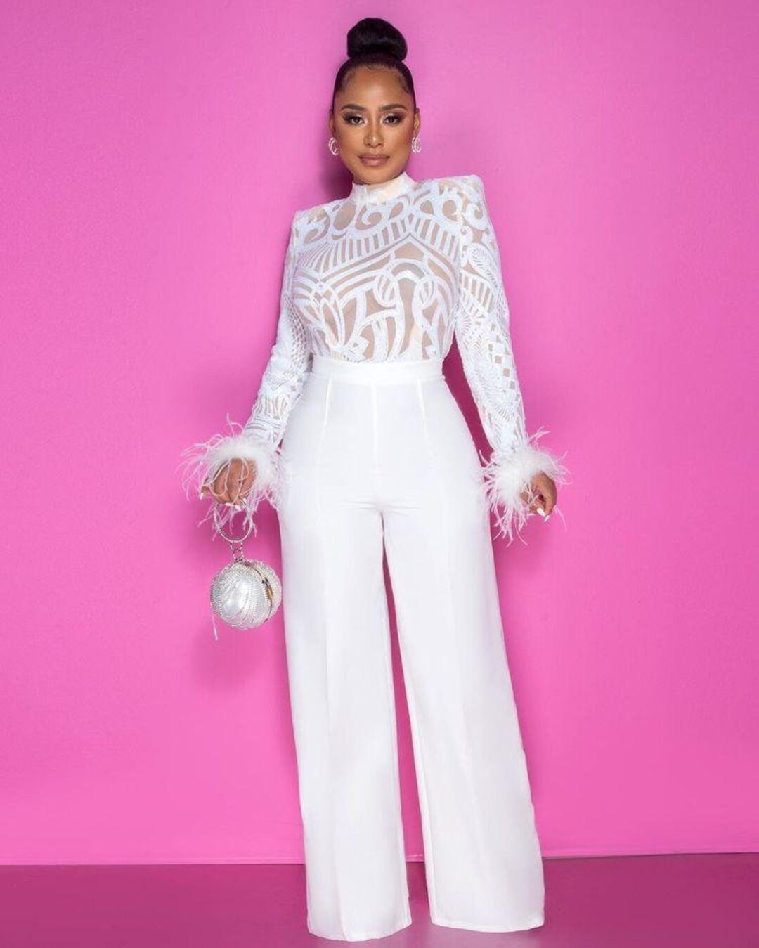 White Lace Prom Jumpsuit, Long Sleeve Wedding Jumpsuit, White Jumpsuit