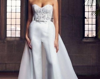 White Floor Length Wedding Jumpsuit Long Sleeve Jumpsuit - Etsy