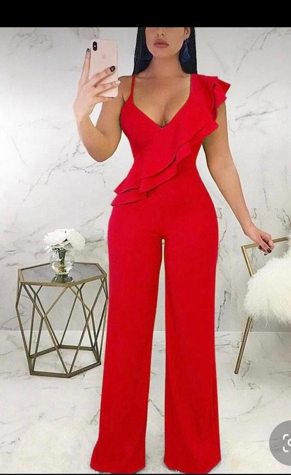 Red Sleeveless jumpsuit, One shoulder jumpsuit, Prom jumpsuit, Homecoming  dress, Thanksgiving outfit