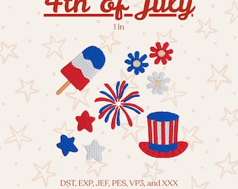 Fourth of July Bundle – Fireworks, Flowers, Stars, Popsicle, Uncle Sam Hat – Mini Fourth of July Embroidery Files PES DST JEF VP3