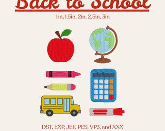 School Embroidery Design Bundle – Apple, Globe, Crayon, Pencil, Bus, Calculator, Marker – Mini Teacher Embroidery Files PES DST JEF VP3