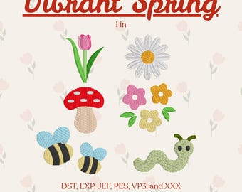 Vibrant Spring Mini Embroidery Designs Set of 6 | Tulip, Daisy, Mushroom, Flowers, Bees, Worm | Digital Download Files