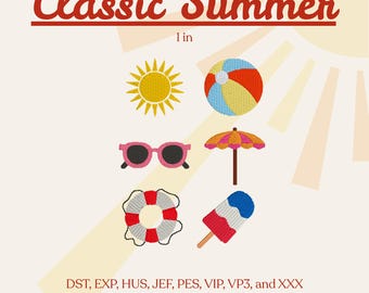 Classic Summer Mini Embroidery Designs Set of 6 | Sun, Beach Ball, Sunglasses, Popsicle, Umbrella, Life Preserver | Digital Download Files