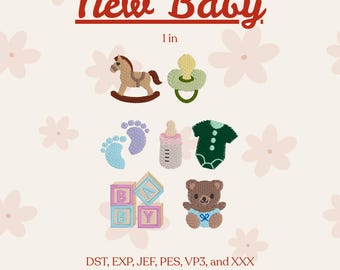 Baby Embroidery Designs Mini Set – Rocking Horse, Pacifier, Bottle, Onesie, Blocks, Bear – 1 Inch Machine Embroidery Files, Digital Download