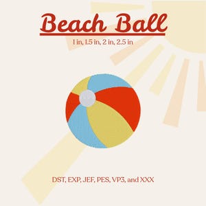 Könnte beinhalten: Ein farbenfrohes Strandball-Design mit roten, blauen und gelben Segmenten und einem weißen Mittelpunkt. Der Text "Beach Ball" steht über dem Ball, mit Größenoptionen von 2.5 cm, 3.8 cm, 5 cm und 6.4 cm. Das Design befindet sich auf hellem Hintergrund mit einer Sonne.