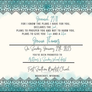 Scalloped Teal Sunday School Promotion Certificate