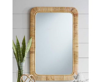 Handmade Rattan Mirror, Rattan Rectangle Mirror, Cane Mirror, Boho Mirror, Vintage Mirror, Wall Mirror, Floor Mirror, Real looking Mirror