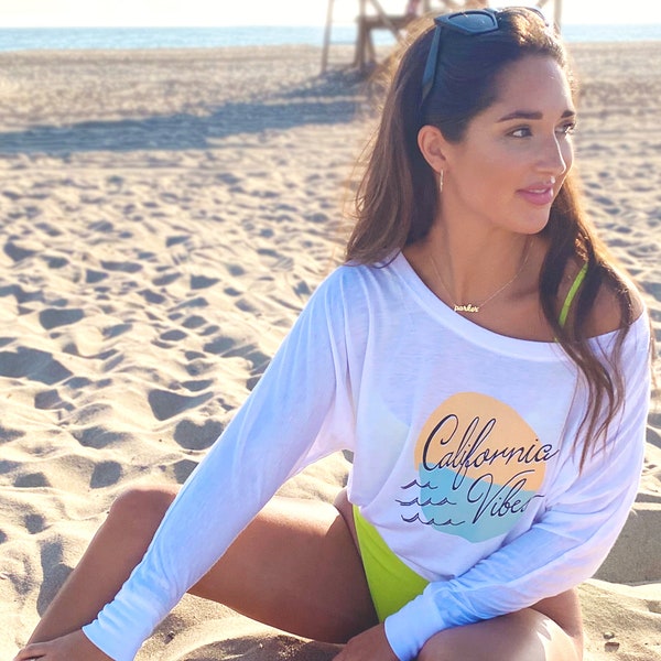 California Vibes Graphic Tee | Off-the-shoulder Top | Beach Coverup | Long Sleeve Graphic T-shirt | Retro Vintage T-shirt