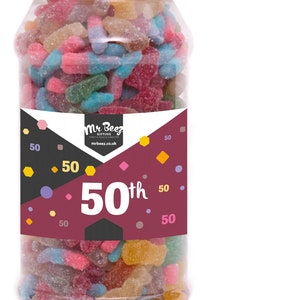 Buon 50° compleanno dolce regalo barattolo dolci frizzanti mix piccante medio o grande Mr Beez