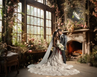Può includere: Una coppia si abbraccia in una stanza soleggiata, circondata da composizioni floreali. La sposa indossa un abito da sposa in pizzo bianco con un lungo strascico e velo. Lo sposo è in abito grigio. Un camino e grandi finestre sullo sfondo.