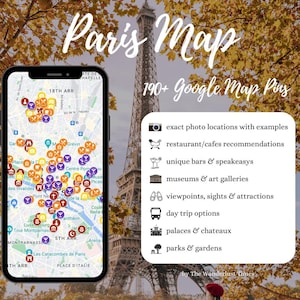 Cyfrowe znaczniki turystyczne Google Maps Paryża, e-book z przewodnikiem turystycznym zawierającym lokalizacje i wskazówki, gdzie znaleźć konkretne atrakcje turystyczne.
