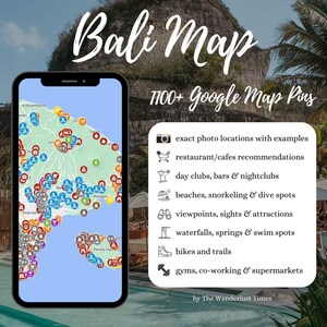 以下が含まれることがあります： バリの地図に1100以上のGoogleマップピンが刺さっています。地図には、レストラン、カフェ、ビーチ、シュノーケリングスポット、ダイビングスポット、展望台、観光スポット、アトラクション、滝、泉、水泳場、ハイキングコース、トレイル、ジム、コワーキングスペース、スーパーマーケットなど、さまざまな場所が示されています。画像の上部には「バリマップ」というテキストがあります。