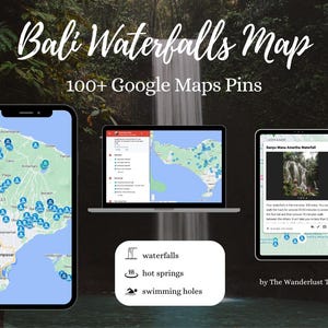 Può includere: Una mappa di Bali, in Indonesia, con oltre 100 puntine blu che segnano cascate, sorgenti termali e pozze per nuotare. La mappa è visualizzata sullo schermo di uno smartphone. Il testo "Bali Waterfalls Map" e "100+ Google Maps Pins" è in alto nell'immagine. Il testo "waterfalls", "hot springs" e "swimming holes" è in basso nell'immagine con icone corrispondenti.