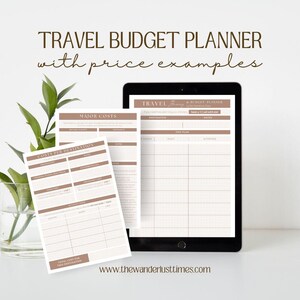 Pianificatore di budget di viaggio con esempi di prezzi, modello stampabile o digitale su Canva, itinerario di viaggio da stampare e pianificare in movimento