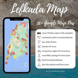Pins de viaje de Lefkada, mapas digitales de Google, guía de viaje en formato libro electrónico con ubicaciones. Dónde encontrar los mejores lugares para visitar, lugares turísticos de interés.