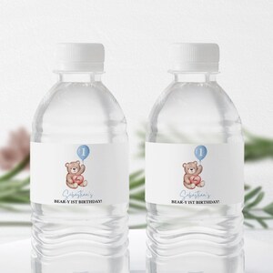 Cute Teddy Bear Birthday Water Bottle Labels | Beary First Birthday Bottle Stickers | Editable Canva Template | Digital Download