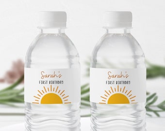 Etiquetas para botellas de agua con temática de cumpleaños / Pegatinas para botellas "Primera vuelta al sol" / Plantilla editable de Canva / Descarga digital