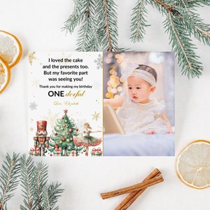 Quebra-nozes Sugar Plum Fairy Primeiro Aniversário Cartão de Agradecimento para Imprimir, Cartão de Agradecimento com Foto, Decoração de Aniversário de Natal Onederland de Inverno