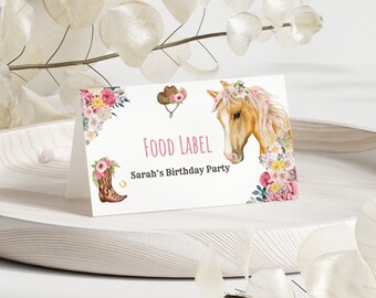 Horse Birthday Party Food Tent Cards | Rodeo Place Cards | Pony Party Table Labels | Editable Canva Template | Digital Download