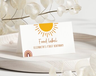 First Trip Around the Sun Food Tent Cards | Boho Sunshine Table Labels | Sun Birthday Name Tags | Editable Canva Template | Digital Download