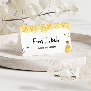 Cartes de table pour le premier anniversaire des abeilles, Étiquettes pour nom bourdon, Marque-places pour siège avec décor abeille, Modèle de tente pour nourriture pour le 1er anniversaire d'une abeille, Cartes de sièges