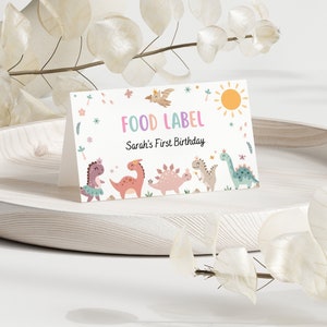 Tarjetas de tienda de comida de cumpleaños de dinosaurio para niña, etiquetas de nombres de fiesta de dinosaurios, tarjetas de asientos de mesa de primer cumpleaños de dinosaurio, plantilla de tienda de comida