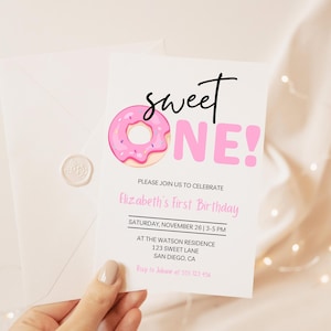 Donut-Geburtstagseinladung, süße Geburtstagseinladung, kleine Mädchen-Geburtstagskarte, Donut-Party, Donut-Geburtstagskarte, süße Party