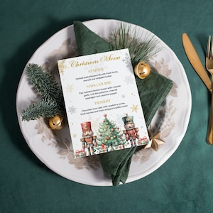 Modelo de menu de jantar quebra-nozes, cartão de menu de feriado para impressão, menu de festa, cartão de Natal para impressão, cartões de menu