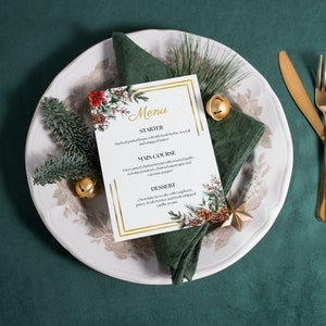 Menu per la cena delle feste stampabile, decorazioni natalizie, modello di menu natalizio dorato, biglietto di Natale stampabile, decorazioni natalizie