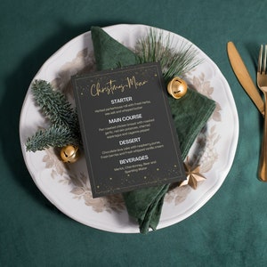 Elegantes Schwarz-Gold-Weihnachtsparty-Menü, bearbeitbare Menüvorlage, Dinner-Party-Dekor, Weihnachtsessen-Party-Menü