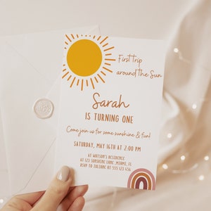 Sunshine Birthday Party Invitation, First Trip Around The Sun Birthday, Boho Invitation, Rainbow Invitation, Little Sunshine, Boho Rainbow