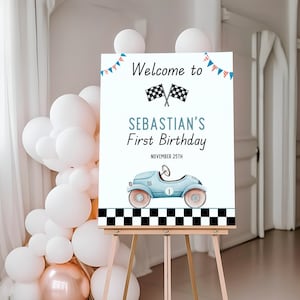 Signo de bienvenida de un cumpleaños rápido, signo de cumpleaños de la fiesta del coche de carreras vintage, signo de bienvenida del primer cumpleaños, cartel de cumpleaños, bienvenida de cumpleaños, RCI