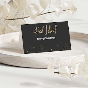 Elegante Weihnachtskarten in Schwarz und Gold, Namensschilder, druckbare Tischkarten, Weihnachtstischkartenvorlage, druckbare Lebensmitteletiketten