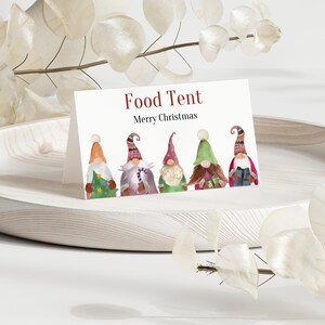 Wichtel Weihnachtstischkarten, druckbare Etiketten für Lebensmittel, Feiertagsnamentags, Tischsitzplatzkarten Vorlage
