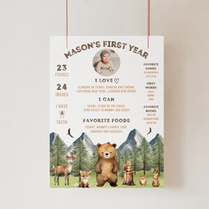 Woodland Geburtstags-Meilensteintafel, Wild One-Geburtstagsfeier-Meilensteinplakat, Geburtstags-Jungen-Party-erste Geburtstagsplakat, Baby-Meilensteine