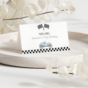 Fast One Birthday Decorations Voedseletiket, plaatskaarten raceautofeest, eerste verjaardag racewagen eten tentkaarten, plaatskaarten voor zitplaatsen, RCI