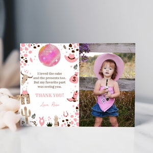 Cartes de remerciement pour mon premier anniversaire, cow-girl dans l'espace, mots de remerciement pour photo d'anniversaire de cow-girl disco, cartes de remerciement pour bébé décoration western