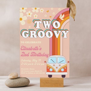 Two Groovy Birthday Invitation, Retro Invitation, Rainbow Hippie Two Groovy Invite, Daisy Birthday Invitation First Birthday Invitation Girl