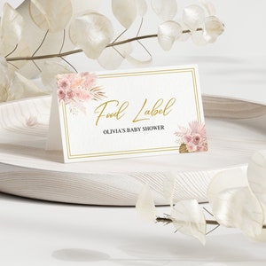 Cartes de visite bohème pour tente de baby shower, herbe de la pampa, marque-places pour baby shower fille bohème, cartes pour sièges table de baby shower en or rose, étiquettes de nom