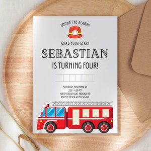 Firetruck Birthday Invitation, Firefighter Birthday Invitation, Fire Truck Birthday Party, Boy 4th Birthday Card, Boys Birthday Invitation