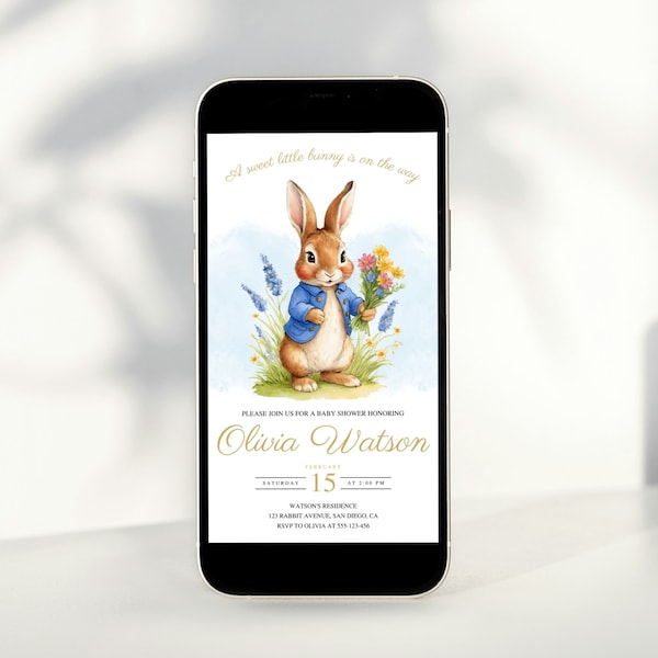 Peter Rabbit Baby Shower Mobile Invitation, Bunny Baby Shower Digital Invitation, Flopsy Bunny Invitation, Peter Rabbit Party