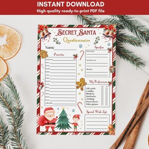 May include: Printable Secret Santa questionnaire with a red and green striped background. The questionnaire includes sections for name, favorites, specifics, my preferences, and a special wish list. The questionnaire is decorated with Christmas-themed illustrations.