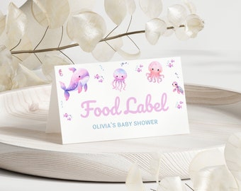 Under The Sea Baby Shower Place Cards | Ocean Animals Pink Baby Girl Seating Cards | Editable Canva Template | Digital Download
