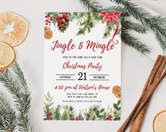 Christmas Party Invitation Template, Holiday Party Invitation, Jingle and Mingle Christmas Party Invite, Christmas Invitation, Xmas Decor