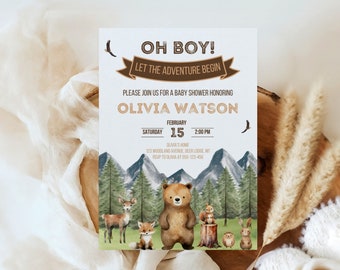 Woodland Baby Shower Invitation | Let The Adventure Begin Baby Shower Invite | Editable Canva Template | Digital Download