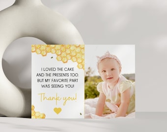 First Bee Day Birthday Thank You Card With Photo | Honey Bee Birthday Thank You Note | Editable Canva Template | Digital Download
