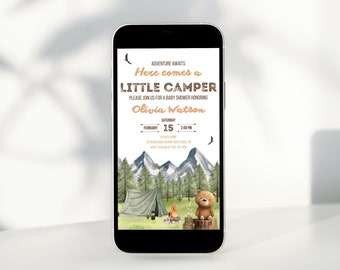 Little Camper Baby Shower Mobile Invitation | Adventure Awaits Woodland Baby Shower Digital Invite, Editable Canva Template Digital Download