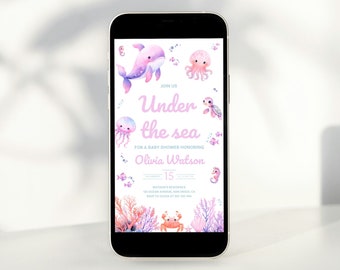 Mobilinbjudan till babyshower under havet | Digital inbjudan till babyshower i havet | Redigerbar Canva-mall | Digital nedladdning