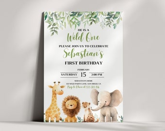 Wild One Safari Birthday Invitation | Jungle Animals Theme | Editable Canva Template | Digital Download