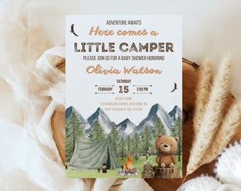 Little Camper Baby Shower Invitation | Adventure Awaits Woodland Baby Shower Invite | Editable Canva Template | Digital Download